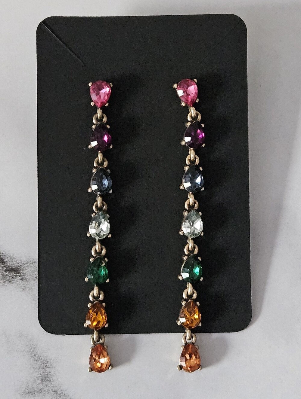 Rainbow Gemstone Drop Earrings In Antique Gold-Tone Setting (3" Length)